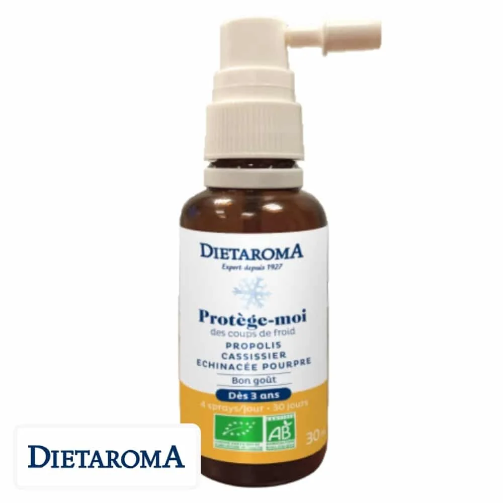dietaroma-protege-moi-spray-bio-30ml.jpg Flacon ambré spray Diétaroma Protège-moi propolis cassissier échinacée, 30 ml