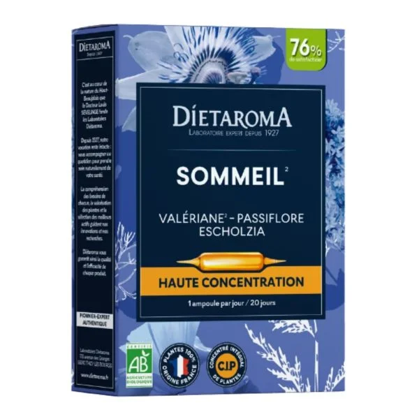 Boîte bleue Diétaroma Sommeil, ampoules bio valériane passiflore escholzia