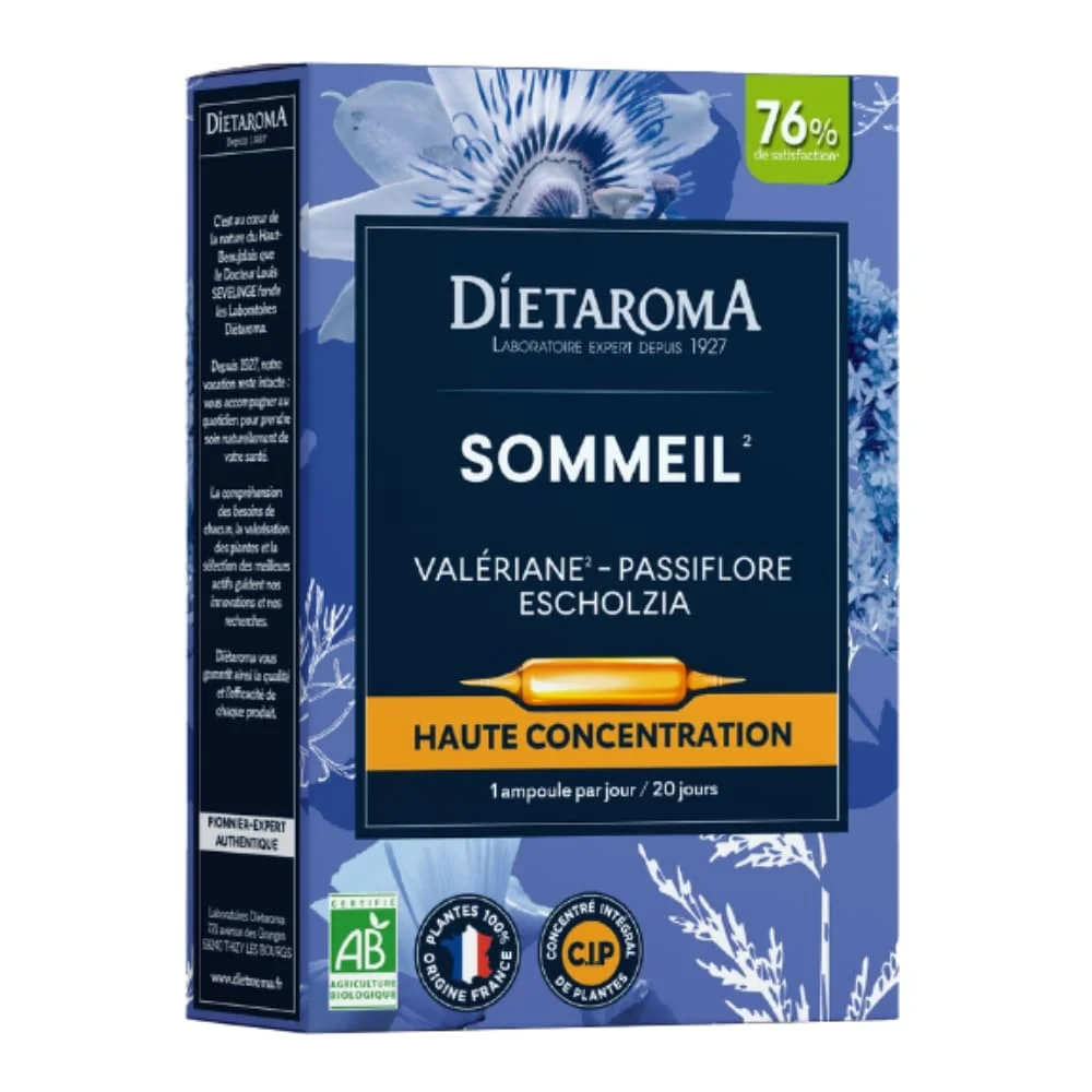 dietaroma-sommeil-ampoules-haute-concentration-bio-20u.jpg Boîte bleue Diétaroma Sommeil, ampoules bio valériane passiflore escholzia