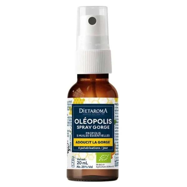 Flacon ambré spray Diétaroma Oléopolis gorge, propolis et huiles essentielles