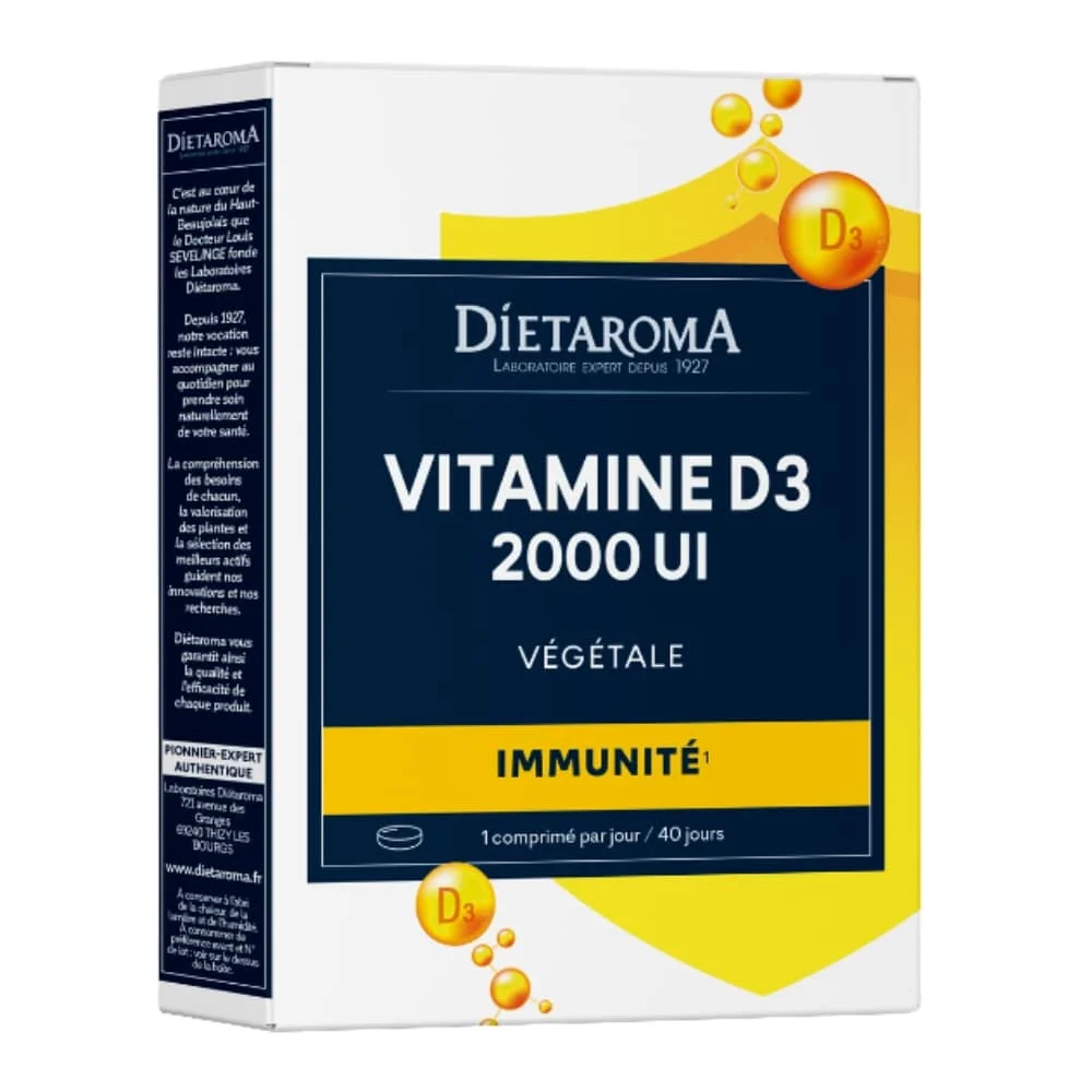 dietaroma-vitamine-d3-2000-ui-vegetale-immunite-40-comprimes.jpg Boîte blanche et jaune Diétaroma Vitamine D3 2000 UI, 40 comprimés