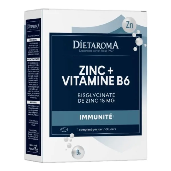 Boîte blanche et bleue Diétaroma Zinc bisglycinate Vitamine B6, 60 comprimés