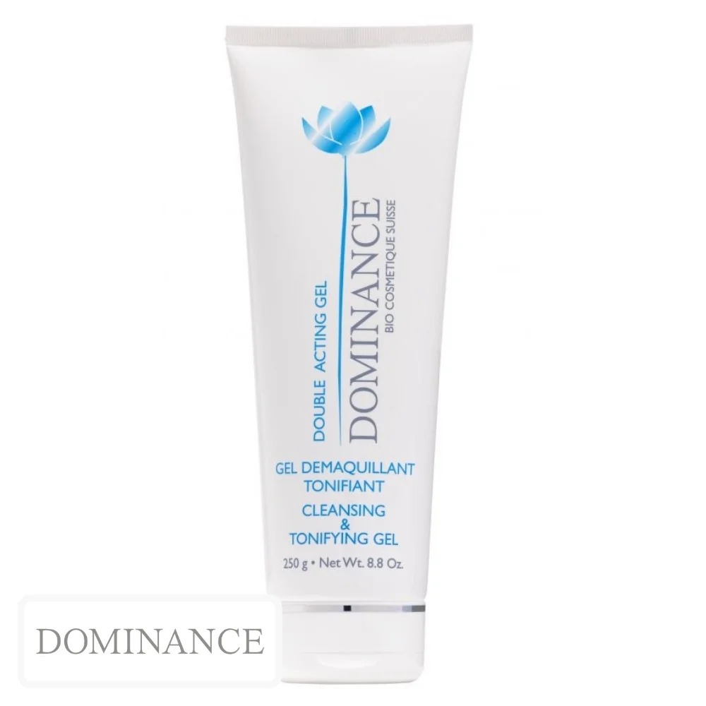 dominance-gel-demaquillant-tonifiant-double-action-200ml.jpg Tube blanc Dominance gel démaquillant tonifiant, fleur de lotus bleue