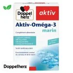 Boîte bleue et blanche Doppelherz Aktiv-Oméga-3 marin, banc de poissons