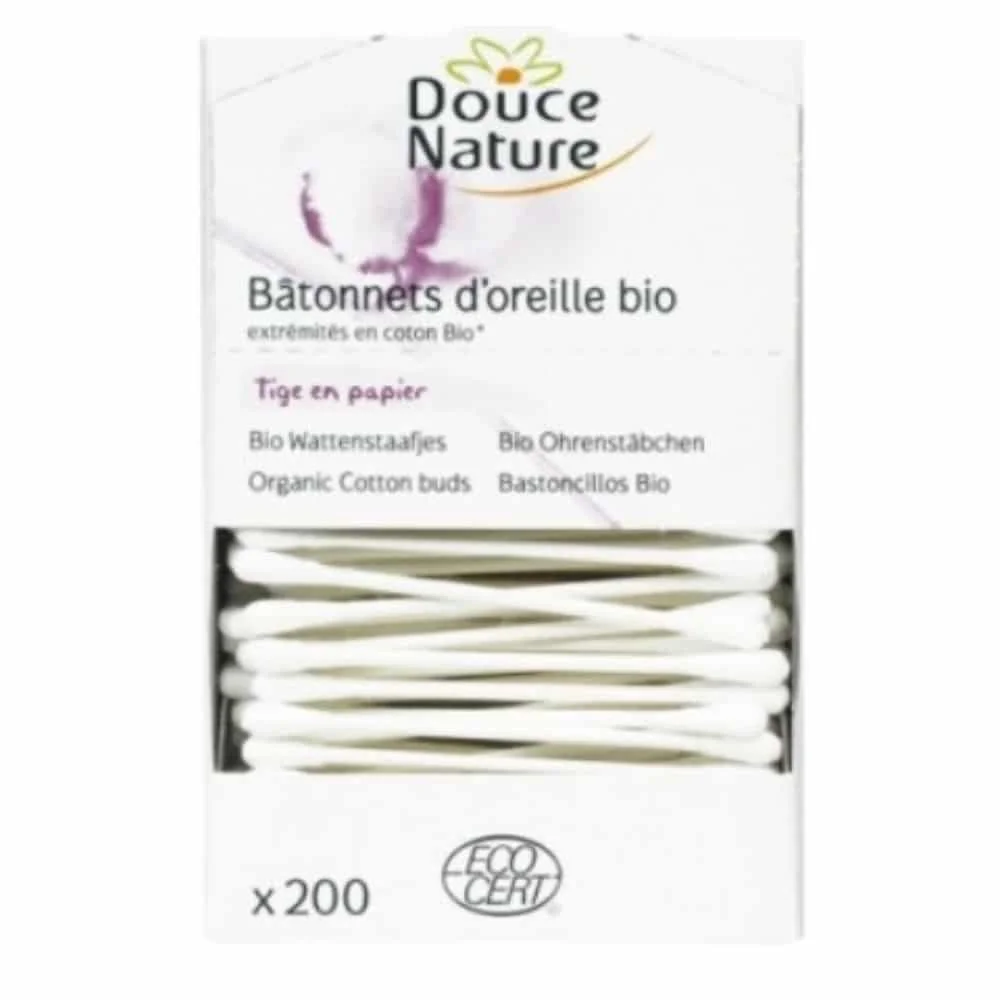 douce-nature-batonnets-d-oreille-bio-200u.jpg Boîte Douce Nature bâtonnets d'oreille bio, tige papier, 200 unités