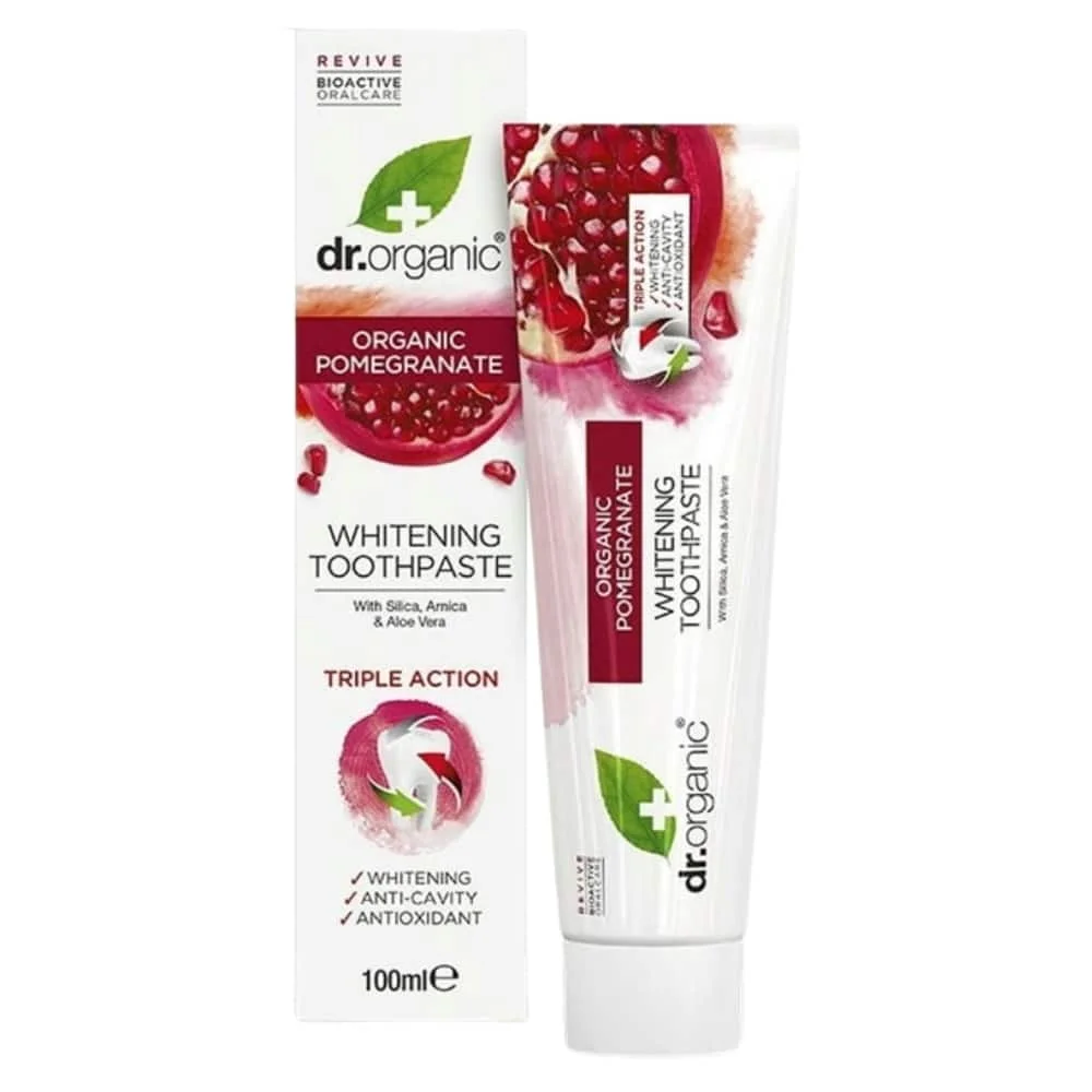 dr-organic-dentifrice-blanchissant-triple-action-grenade-bio-100ml.jpg Étui et tube rouges Dr Organic dentifrice blanchissant grenade 100 ml