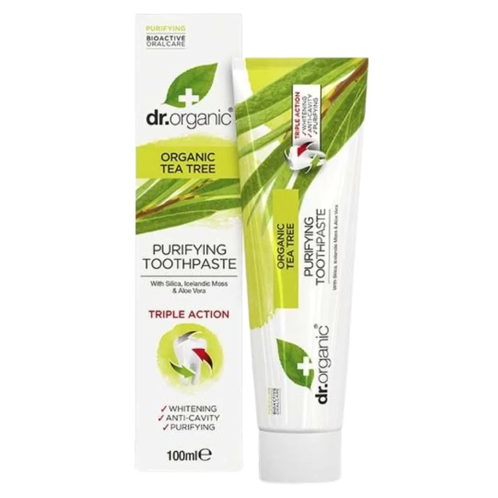 dr-organic-dentifrice-purifiant-triple-action-arbre-a-the-bio-100ml.jpg Étui et tube verts Dr Organic dentifrice purifiant arbre à thé 100 ml