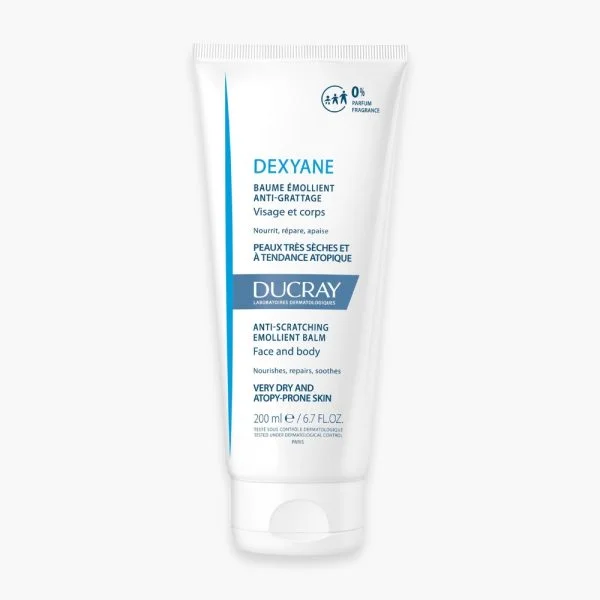Tube blanc et bleu Ducray Dexyane baume émollient anti-grattage 200 ml