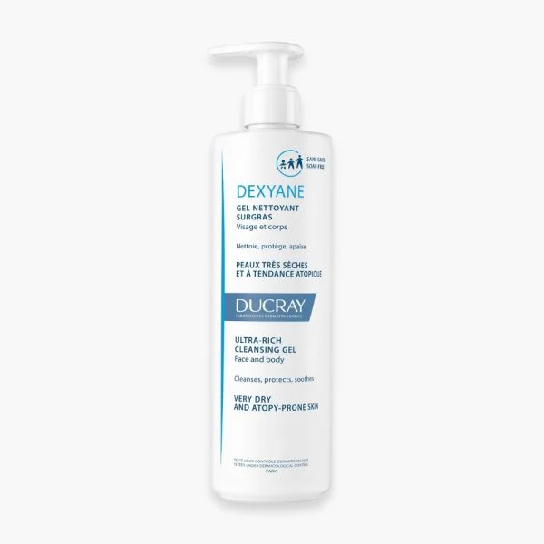 Flacon pompe blanc Ducray Dexyane gel nettoyant surgras visage corps