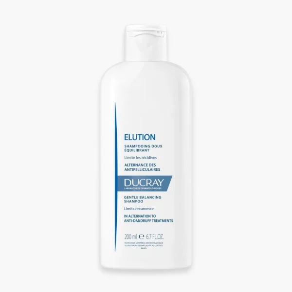 Flacon blanc et bleu Ducray Elution shampooing doux équilibrant 200 ml