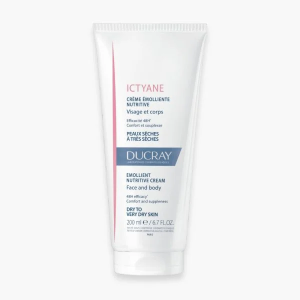 Tube blanc et rose Ducray Ictyane crème émolliente nutritive 200 ml