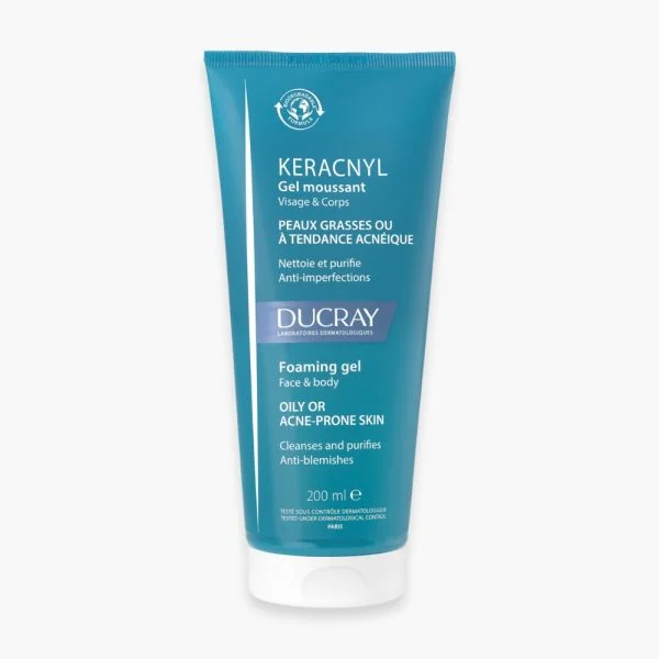 Tube bleu Ducray Keracnyl gel moussant visage et corps 200 ml