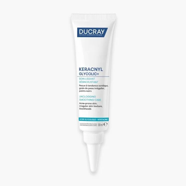 Tube blanc Ducray Keracnyl Glycolic+ soin lissant désincrustant 30 ml