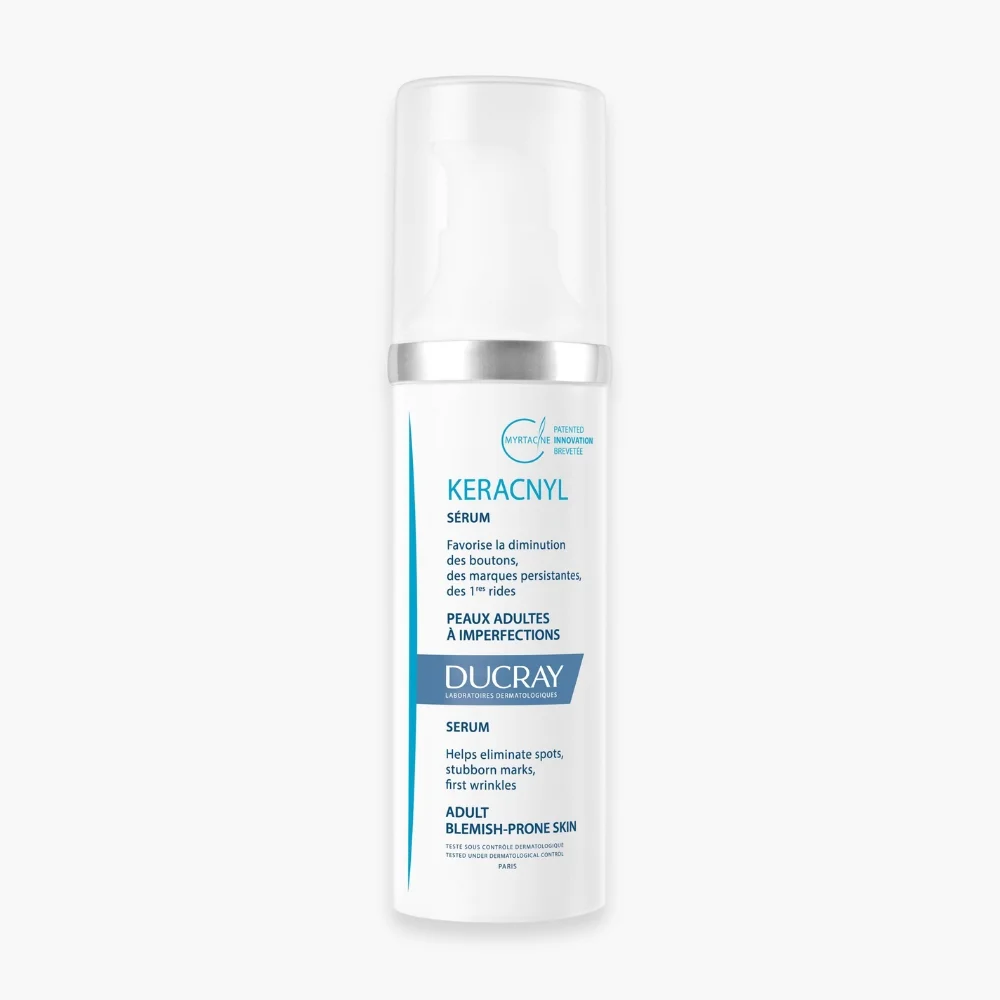 ducray-keracnyl-serum-30ml.jpg Flacon pompe blanc Ducray Keracnyl sérum peaux adultes à imperfections 30 ml