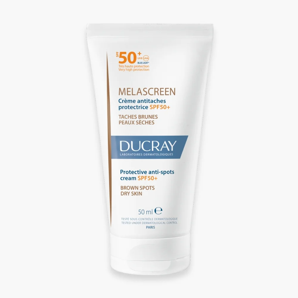 ducray-melascreen-creme-anti-taches-protectrice-spf50-50ml.jpg Tube blanc et doré Ducray Melascreen crème antitaches protectrice SPF50+ 50 ml