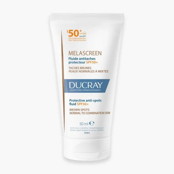 Tube blanc et doré Ducray Melascreen fluide antitaches protecteur SPF50+ 50 ml