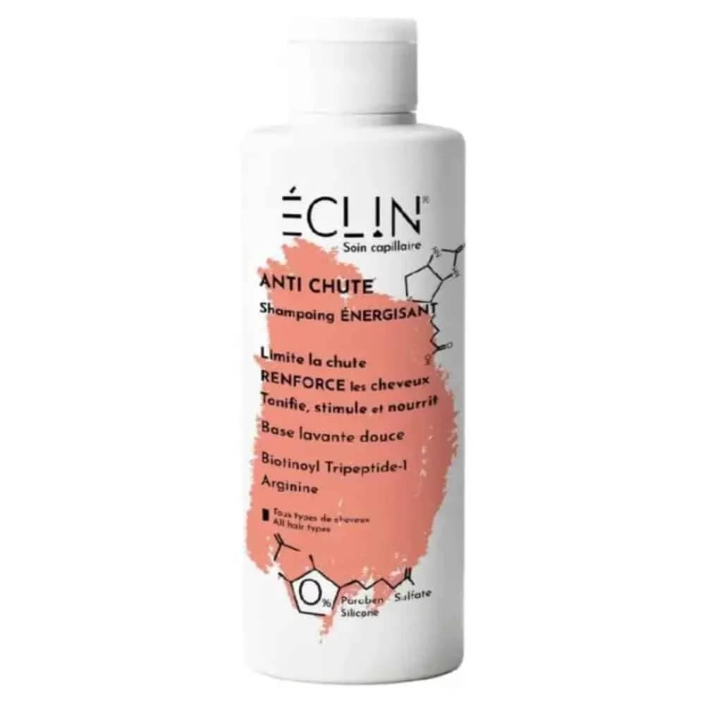 eclin-anti-chute-shampoing-energisant-200ml.jpg Flacon blanc et corail du shampoing anti-chute énergisant Éclin