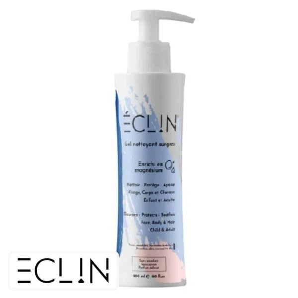 Flacon pompe blanc et bleu du gel nettoyant surgras Éclin 200 ml