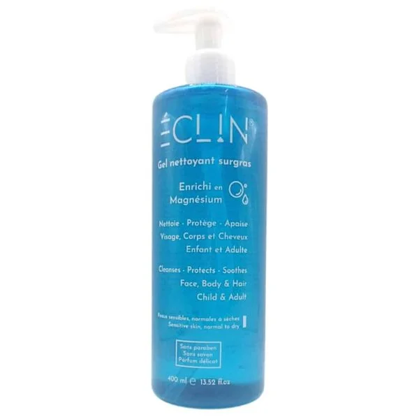 Flacon pompe bleu translucide du gel nettoyant surgras Éclin 400 ml