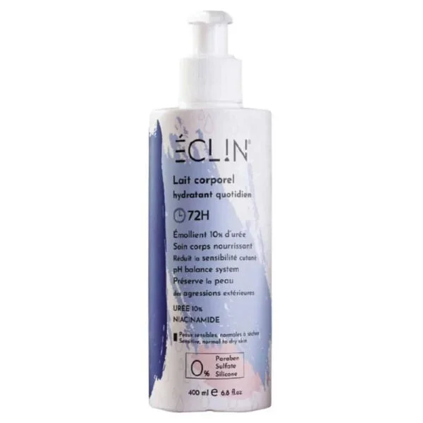 Flacon pompe bleu et blanc du lait corporel hydratant 72H Éclin 400 ml