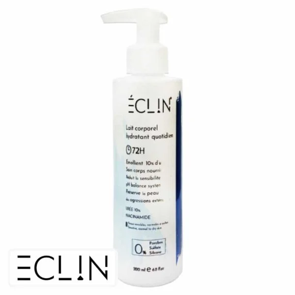 Flacon pompe blanc du lait corporel hydratant quotidien 72H Éclin 200 ml