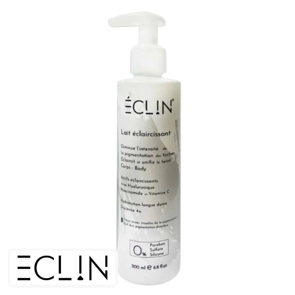 eclin-lait-eclaircissant-200ml.jpg Flacon pompe blanc du lait éclaircissant corps Éclin 200 ml
