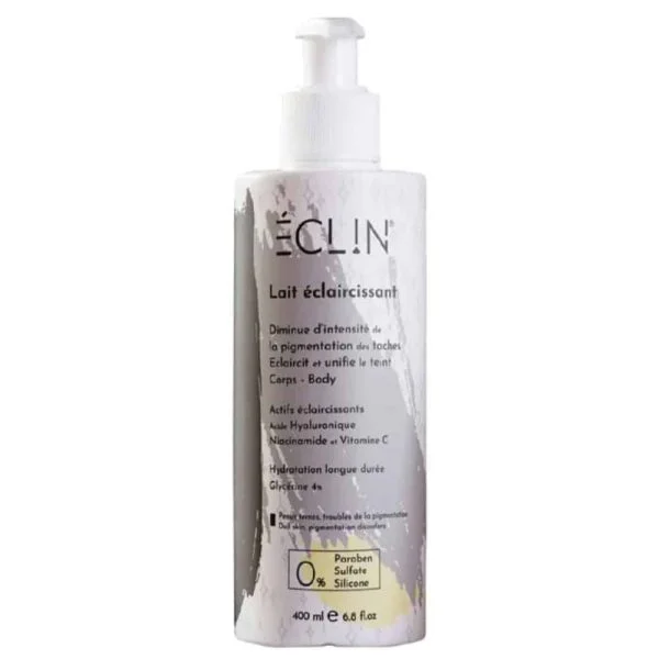 Flacon pompe gris et blanc du lait éclaircissant corps Éclin 400 ml