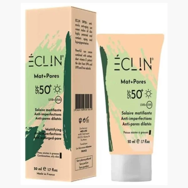 Tube et étui de l'écran solaire matifiant Éclin Mat+Pores SPF50+ 50 ml