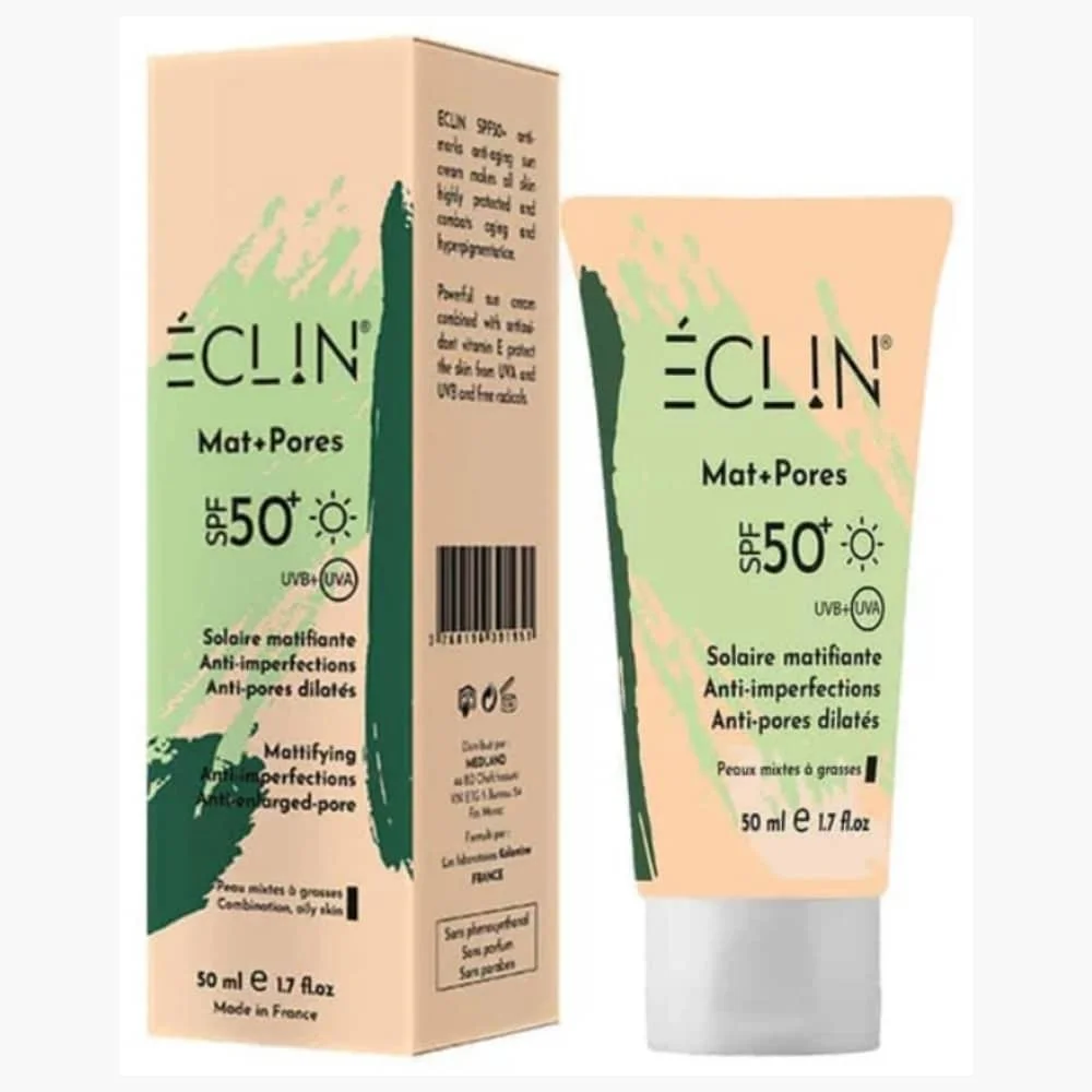 eclin-matpores-ecran-solaire-matifiant-anti-imperfections-spf50-50ml.jpg Tube et étui de l'écran solaire matifiant Éclin Mat+Pores SPF50+ 50 ml