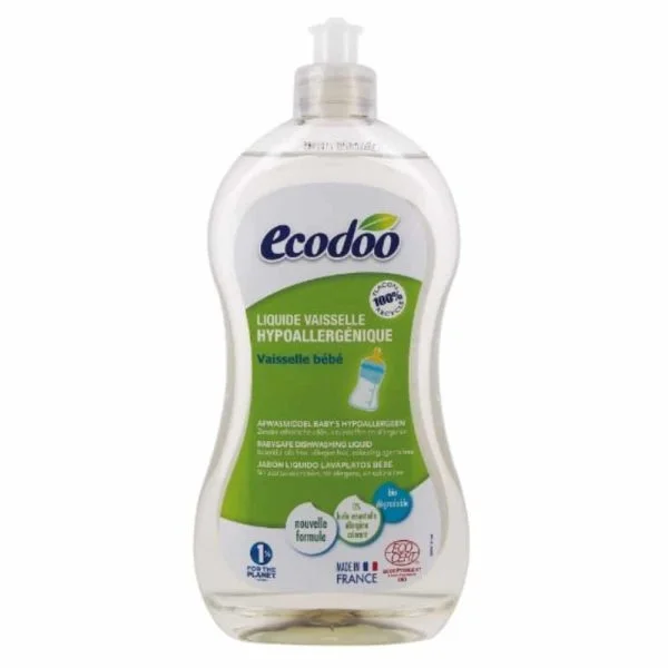 Flacon transparent Ecodoo liquide vaisselle bébé hypoallergénique étiquette verte