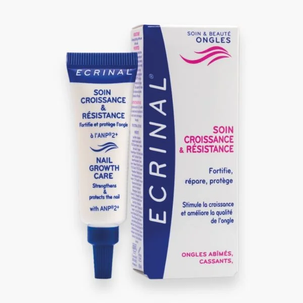 Tube blanc et bleu Ecrinal soin croissance et résistance des ongles, étui