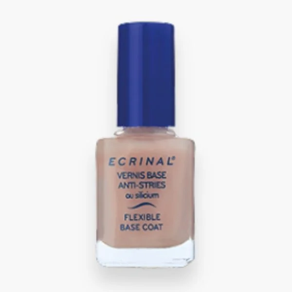 Flacon Ecrinal vernis base anti-stries beige rosé, bouchon bleu