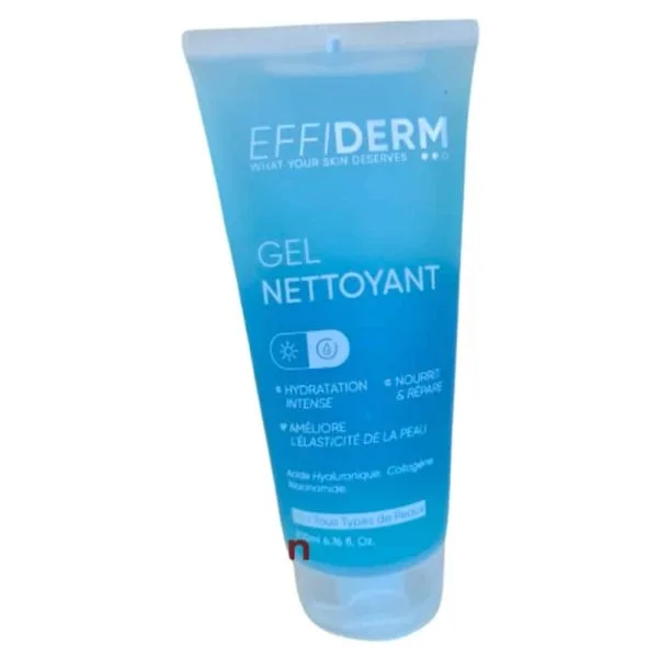 Tube bleu translucide Effiderm gel nettoyant visage 200 ml