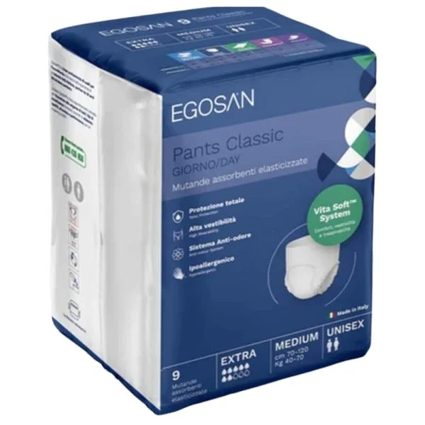 Sachet bleu Egosan Pants Classic Medium, slips absorbants adulte, 9 unités