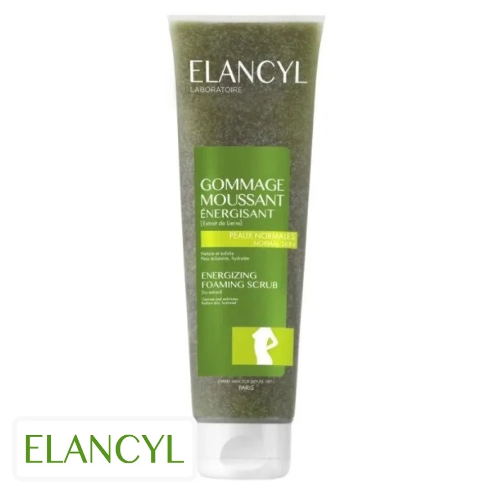 elancyl-gommage-moussant-energisant-150ml.jpg Tube vert Elancyl Gommage Moussant Énergisant, grains exfoliants visibles, extrait de lierre
