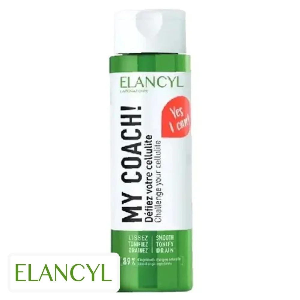 elancyl-my-coach-anti-cellulite-200ml.jpg Flacon vert Elancyl My Coach anti-cellulite, mention lissez tonifiez drainez