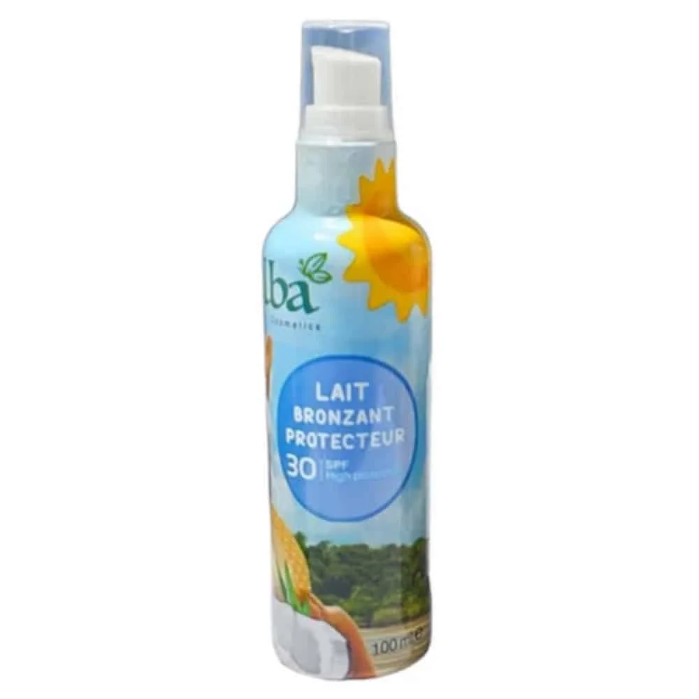 elba-lait-bronzant-protecteur-spf30-100ml.jpg Flacon pompe bleu Elba Lait Bronzant Protecteur SPF 30, 100 ml