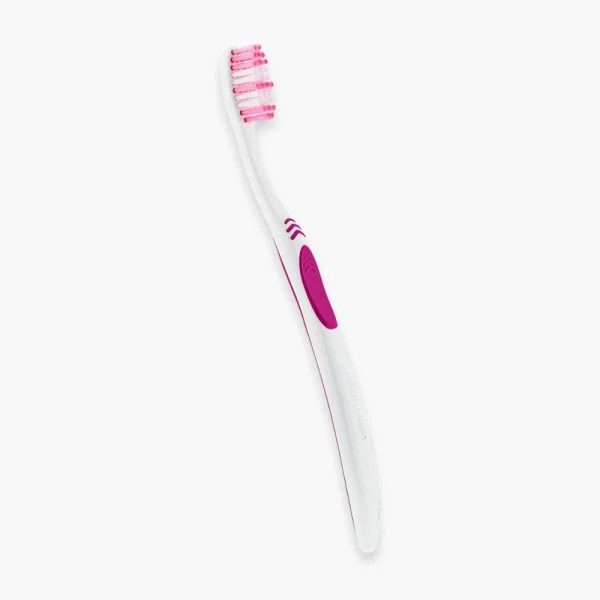 Brosse à dents Elgydium Basic manche blanc grip fuchsia filaments roses