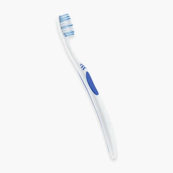 Brosse à dents Elgydium Basic manche blanc grip bleu filaments bleus