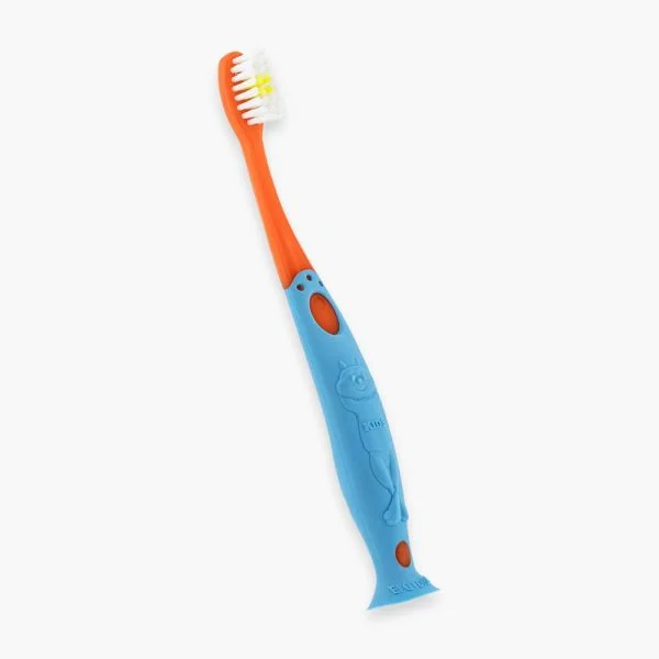 Brosse à dents Elgydium Kids souple bleue et orange avec ventouse