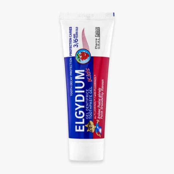 Tube de gel dentifrice Elgydium Kids fraise givrée, illustration fraise rouge