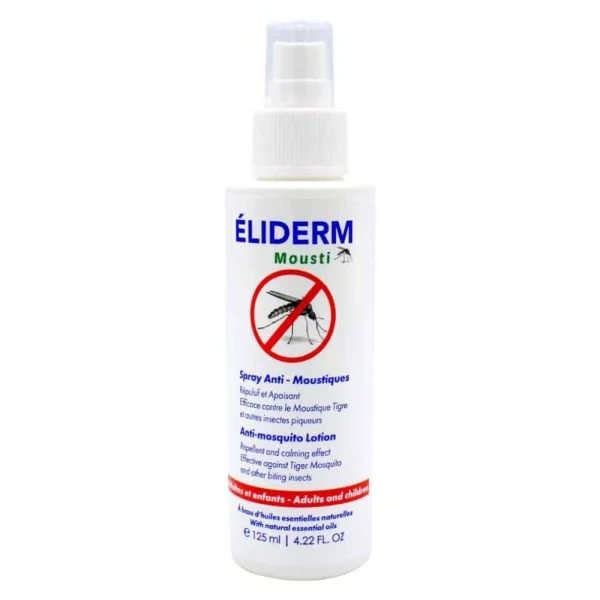 Flacon spray blanc Éliderm Mousti anti-moustiques avec pictogramme de moustique barré