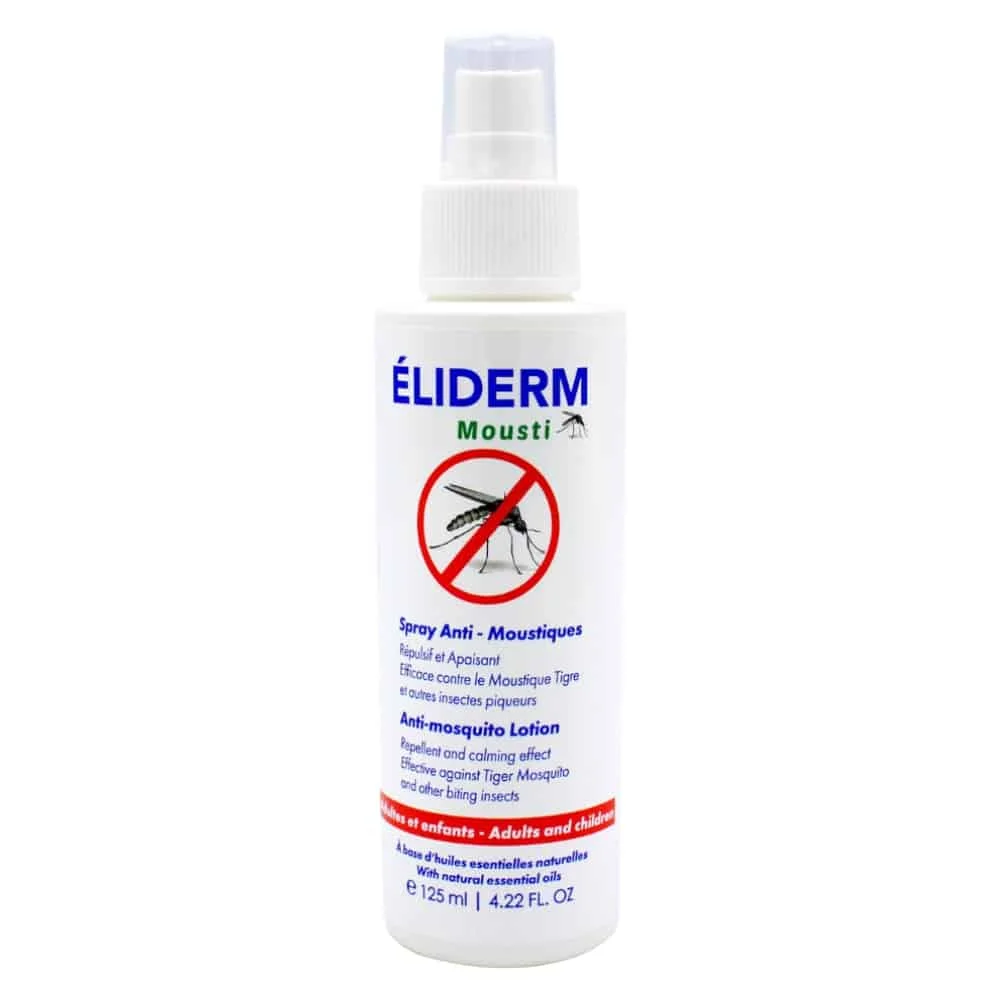 eliderm-mousti-spray-anti-moustiques-repulsif-et-apaisant-125ml.jpg Flacon spray blanc Éliderm Mousti anti-moustiques avec pictogramme de moustique barré