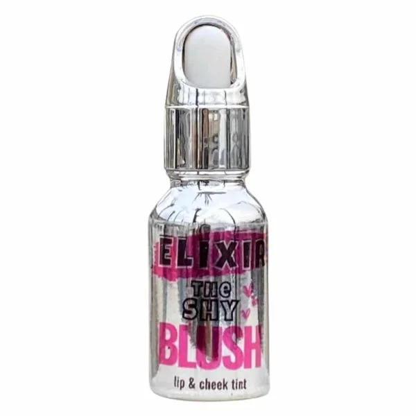 Petit flacon argenté Elixir The Shy Blush, teinte lèvres et joues, capuchon applicateur