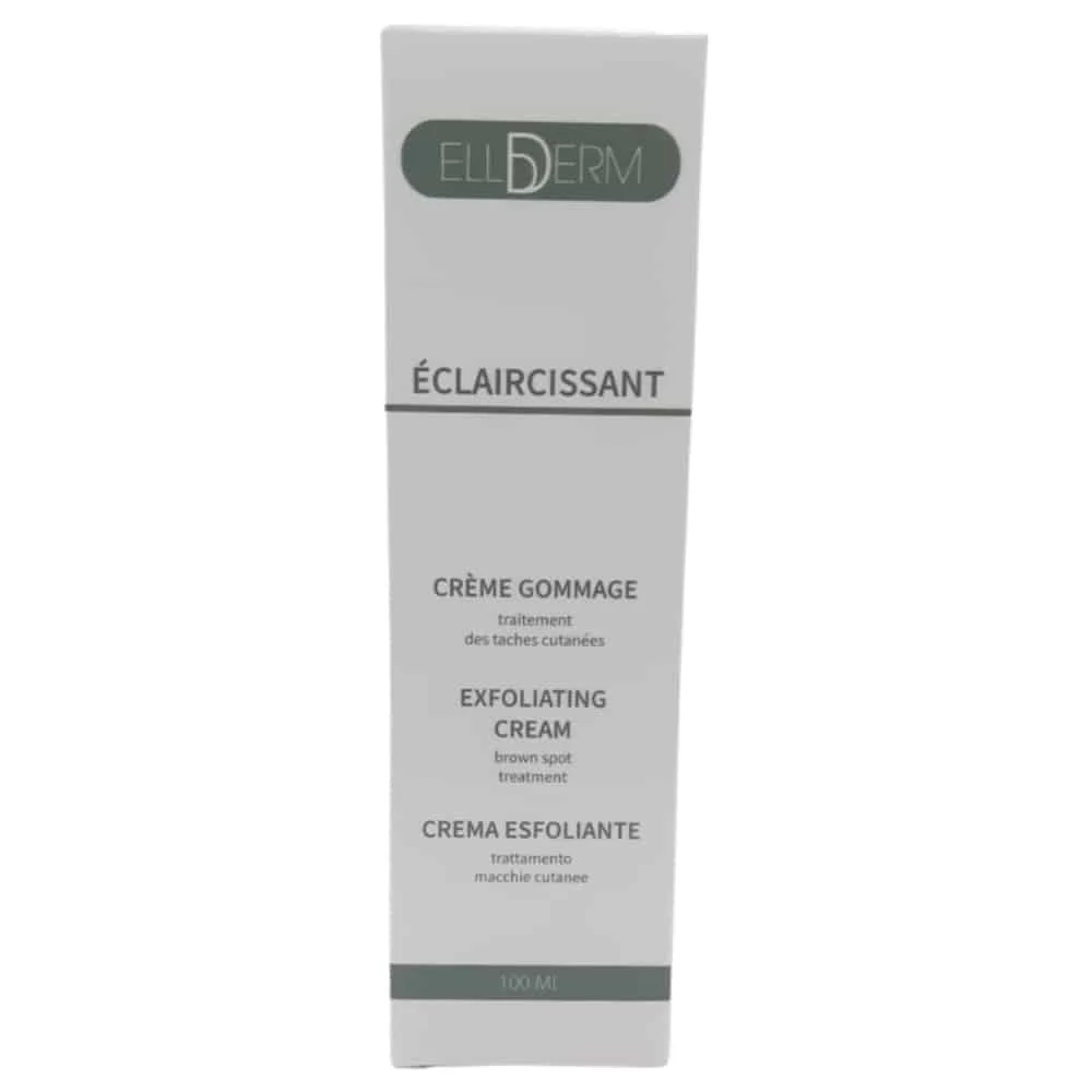 ellderm-eclaircissant-creme-gommante-100ml.jpg Étui blanc et gris Ellderm Éclaircissant crème gommage exfoliante, 100 ml