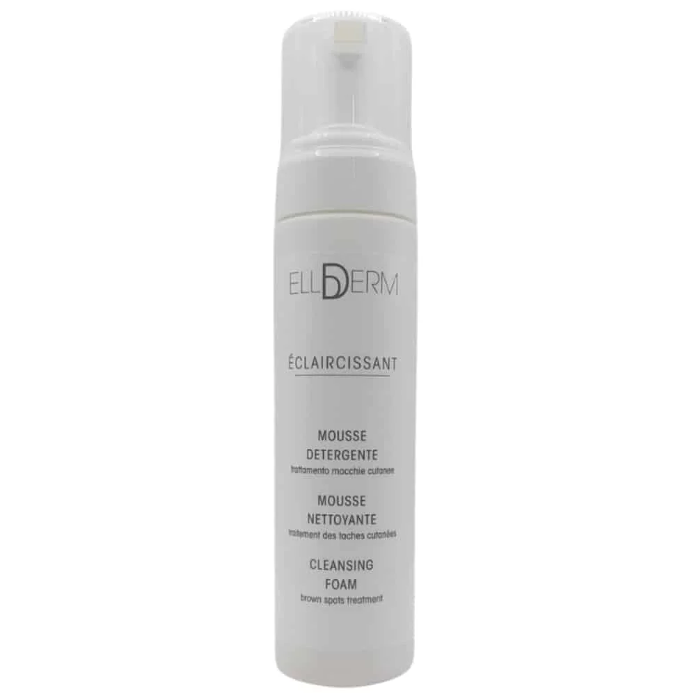 ellderm-eclaircissant-mousse-nettoyante-200ml.jpg Flacon pompe blanc Ellderm Éclaircissant mousse nettoyante visage, graphisme monochrome