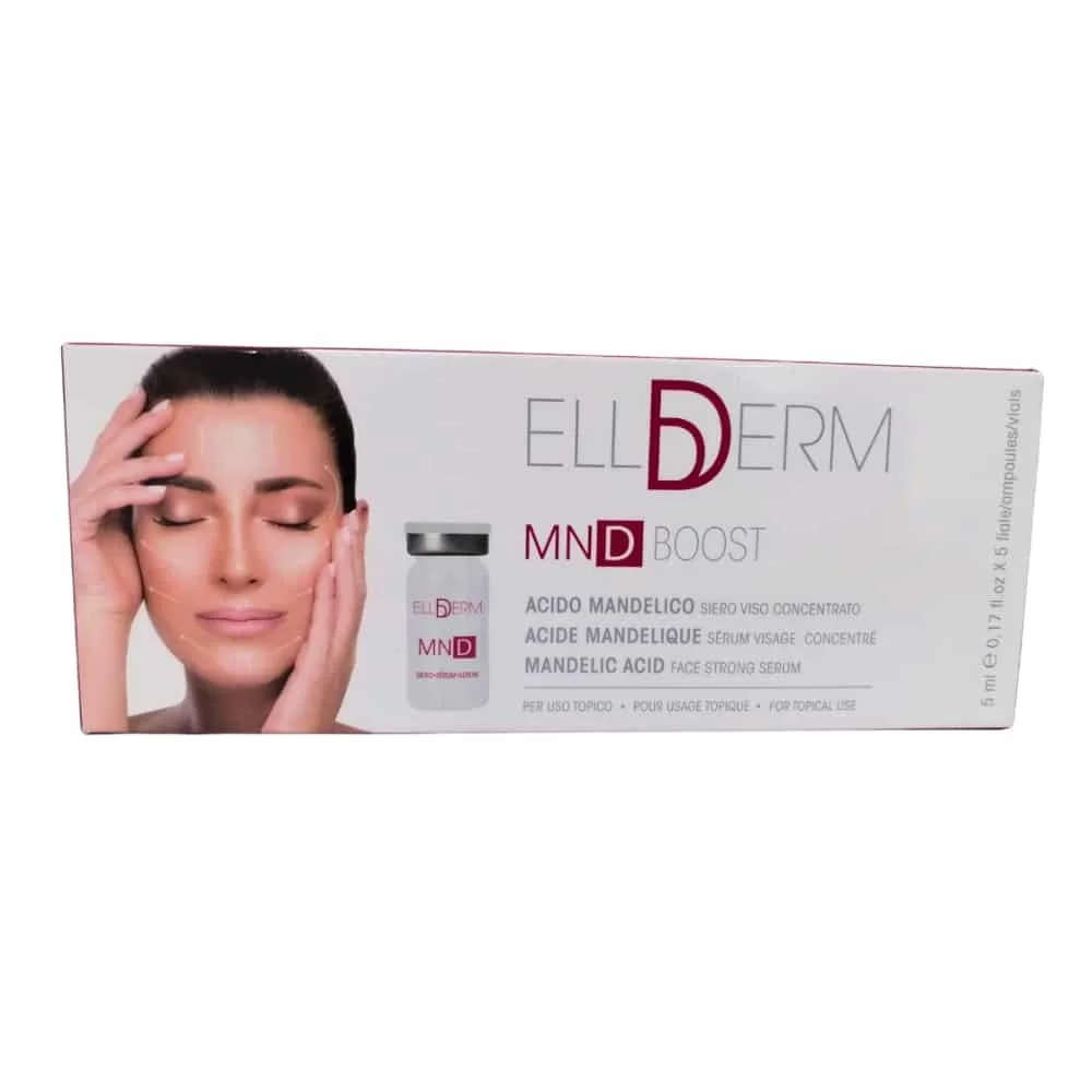 ellderm-mnd-boost-acide-mandelique-serum-concentre-ampoules-5x5ml.jpg Boîte Ellderm MND Boost acide mandélique, ampoule en verre, sérum visage concentré