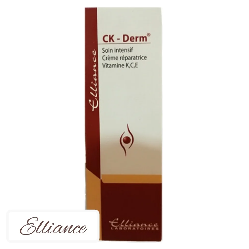 elliance-ck-derm-soin-intensif-creme-reparatrice-vitamine-kc-et-e-30ml.jpg Étui bordeaux et crème Elliance CK-Derm soin intensif crème réparatrice vitamines