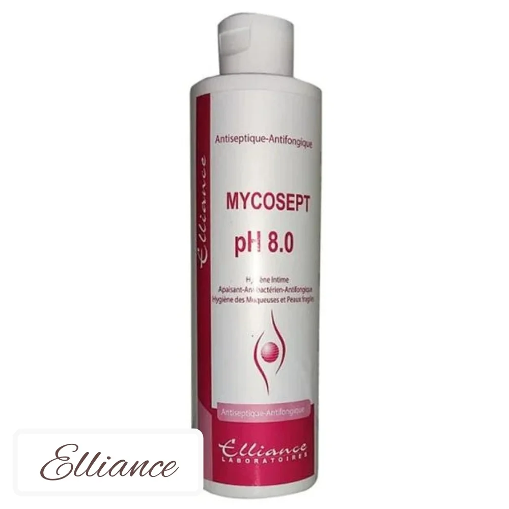 elliance-mycosept-gel-intime-antiseptique-ph-80-250ml.jpg Flacon blanc et rose Elliance Mycosept pH 8,0, gel d'hygiène intime