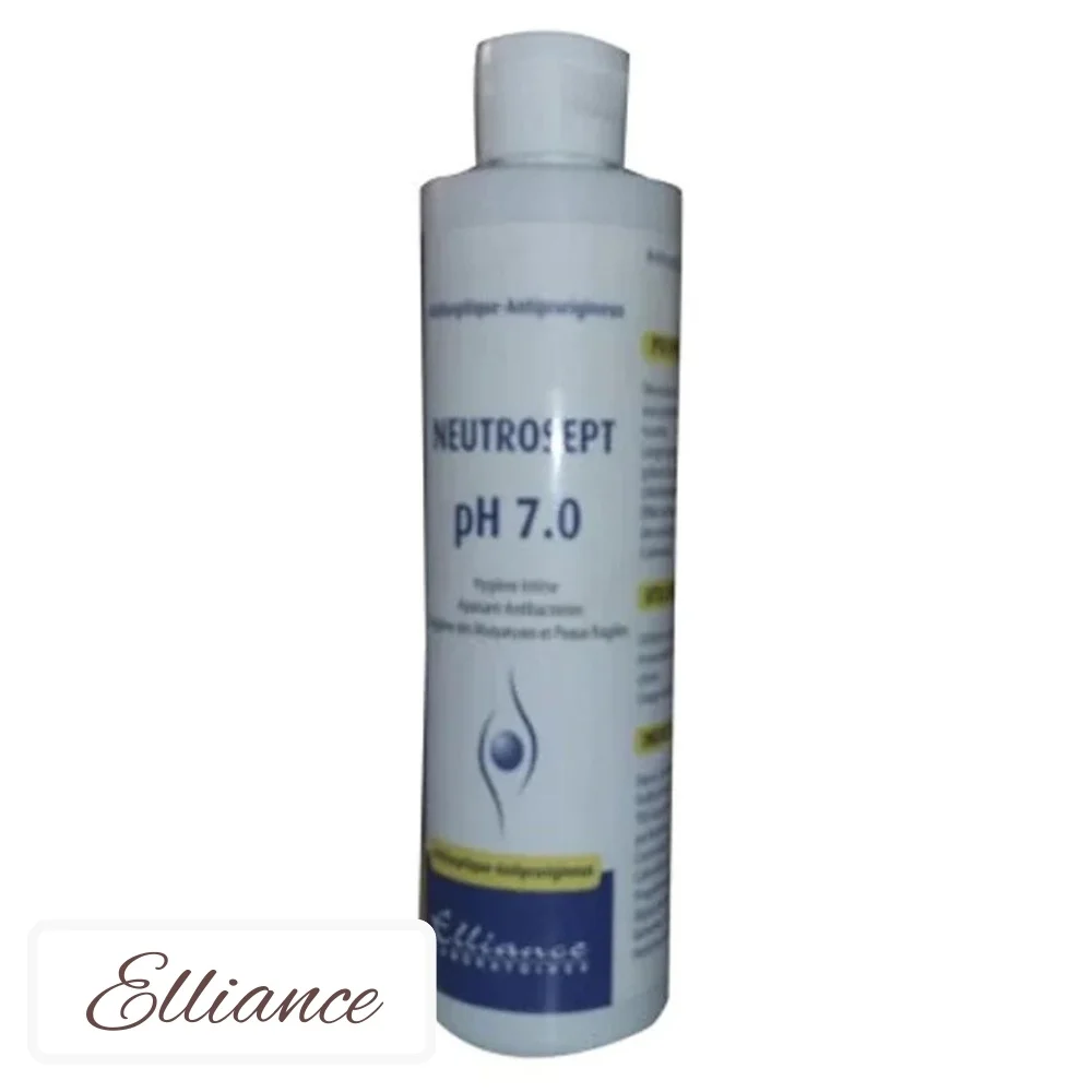 elliance-neutrosept-gel-intime-ph-70-125ml.jpg Flacon blanc et bleu Elliance Neutrosept pH 7,0, gel d'hygiène intime